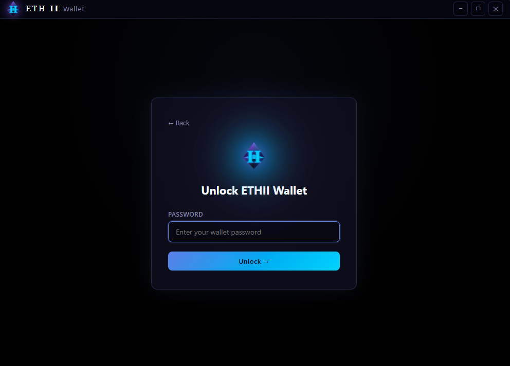 ETH II wallet log in screen screenshot